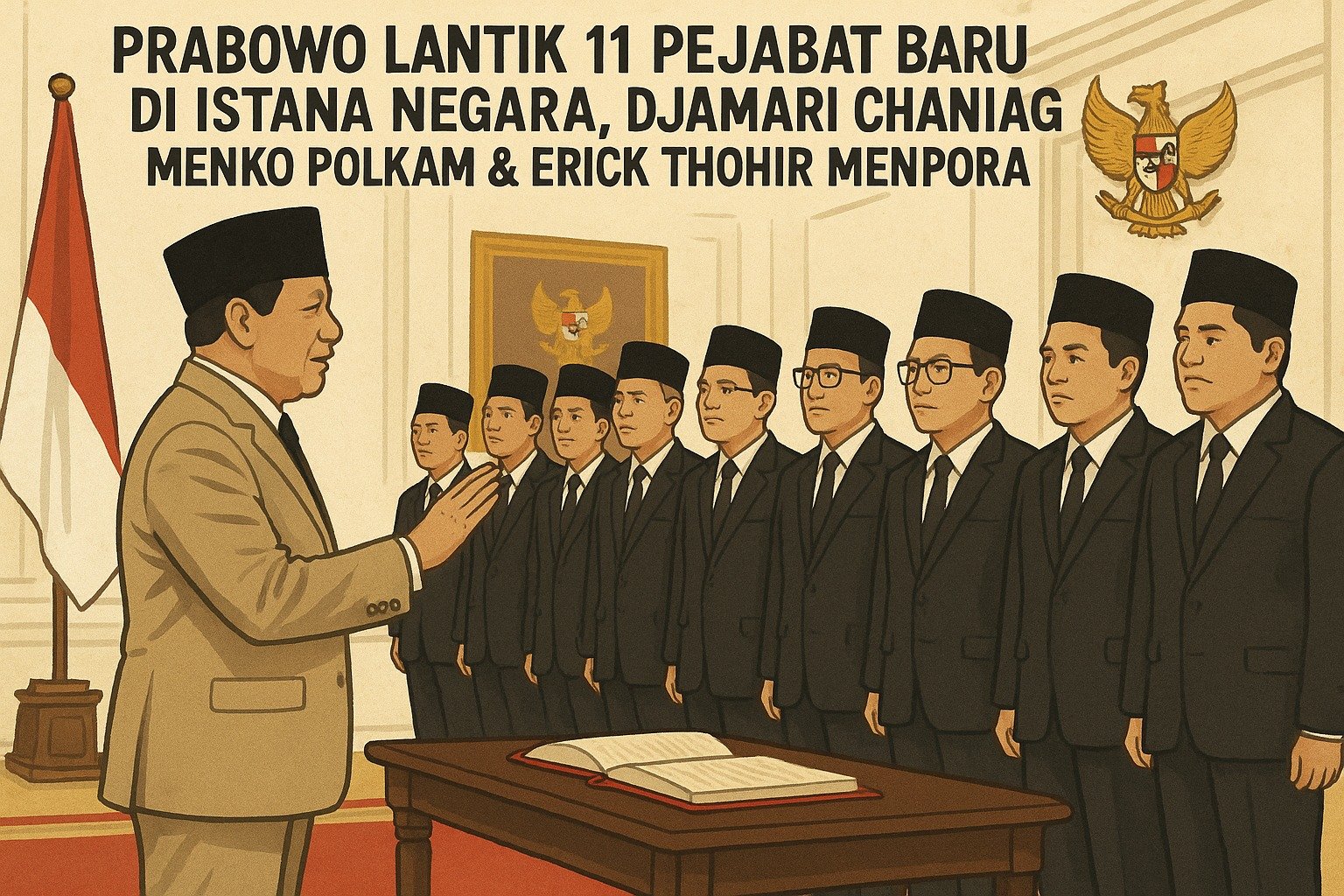 Prabowo Lantik 11 Pejabat Baru di Istana Negara, Djamari Chaniago Menko Polkam & Erick Thohir Menpora